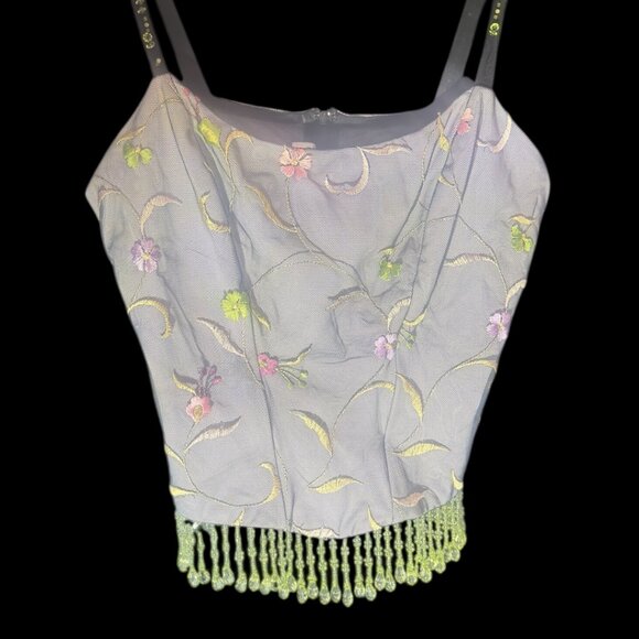 Y2K TOP Sleeveless/CORSET Whimsy FAIRYCORE ILLUSION Mesh FABRIC BEADS FLORAL - Picture 1 of 10